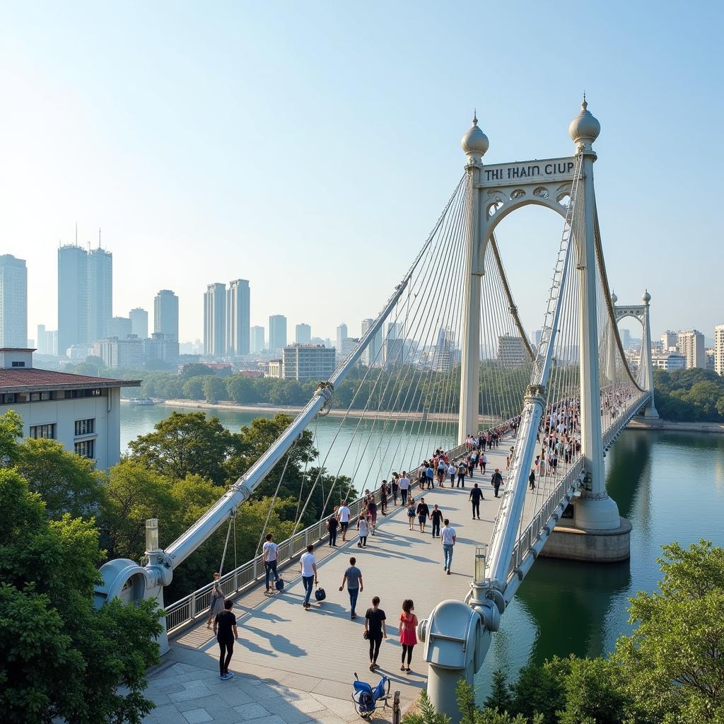 Pedestrians enjoying the views from Thu Thiem Pedestrian Bridge