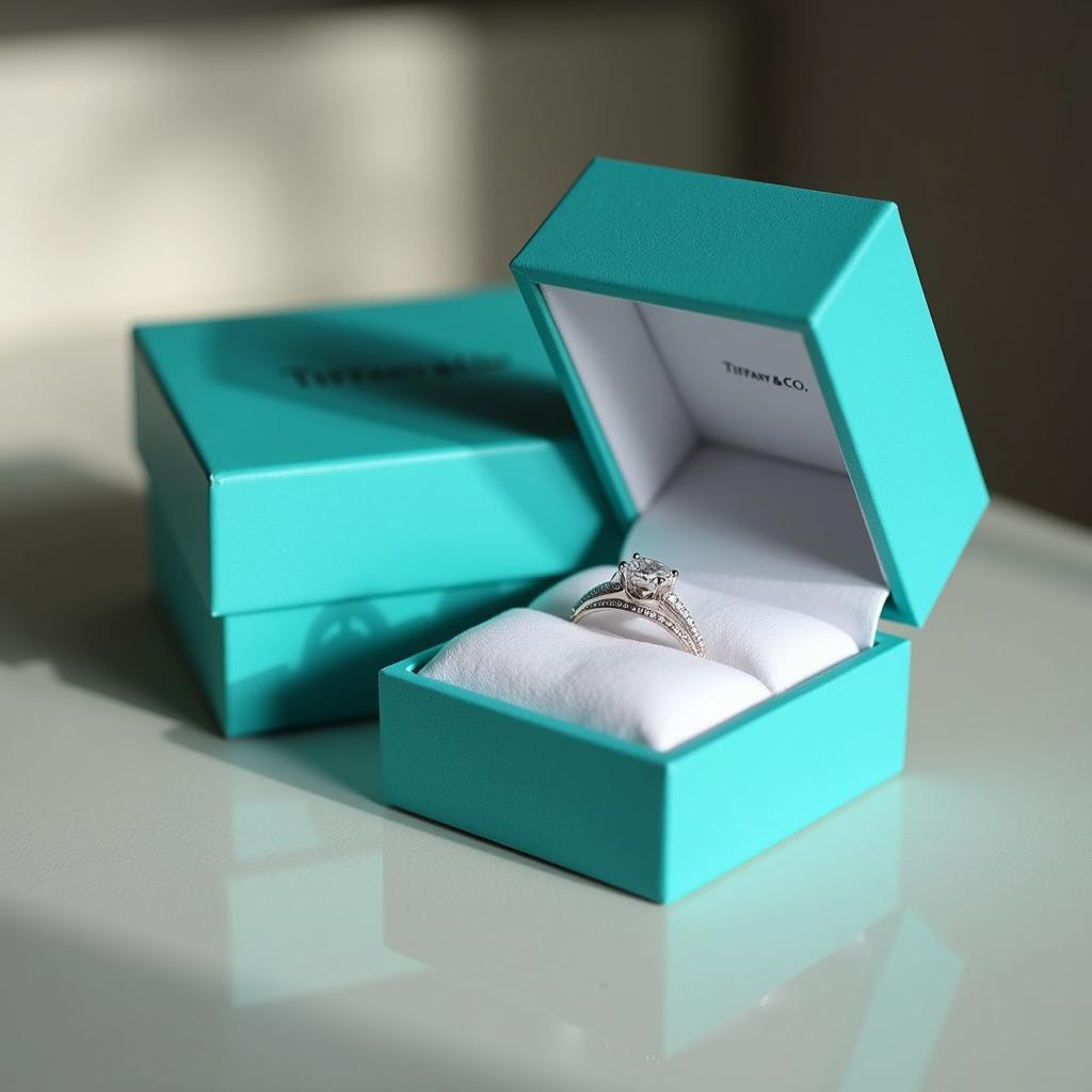 A signature Tiffany & Co. blue box with a diamond ring.