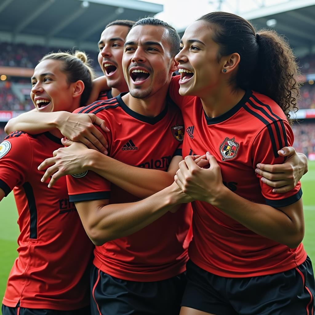 Top football players celebrating a goal