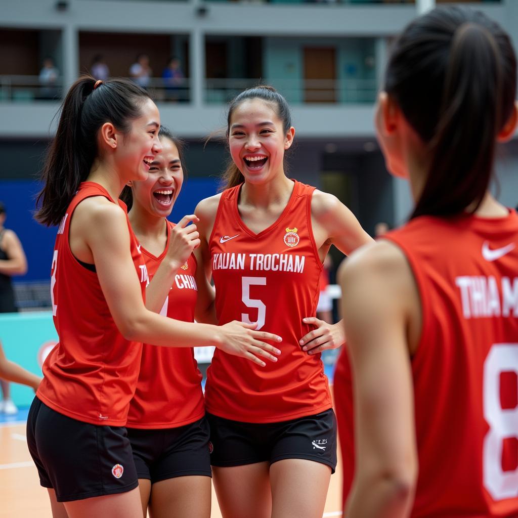 Tran Thi Thanh Thuy celebrates a point with her teammates