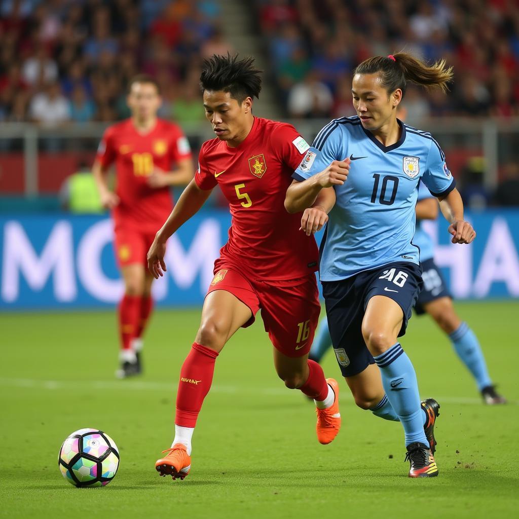 Tran Van Cong competing for possession in an international match for Vietnam