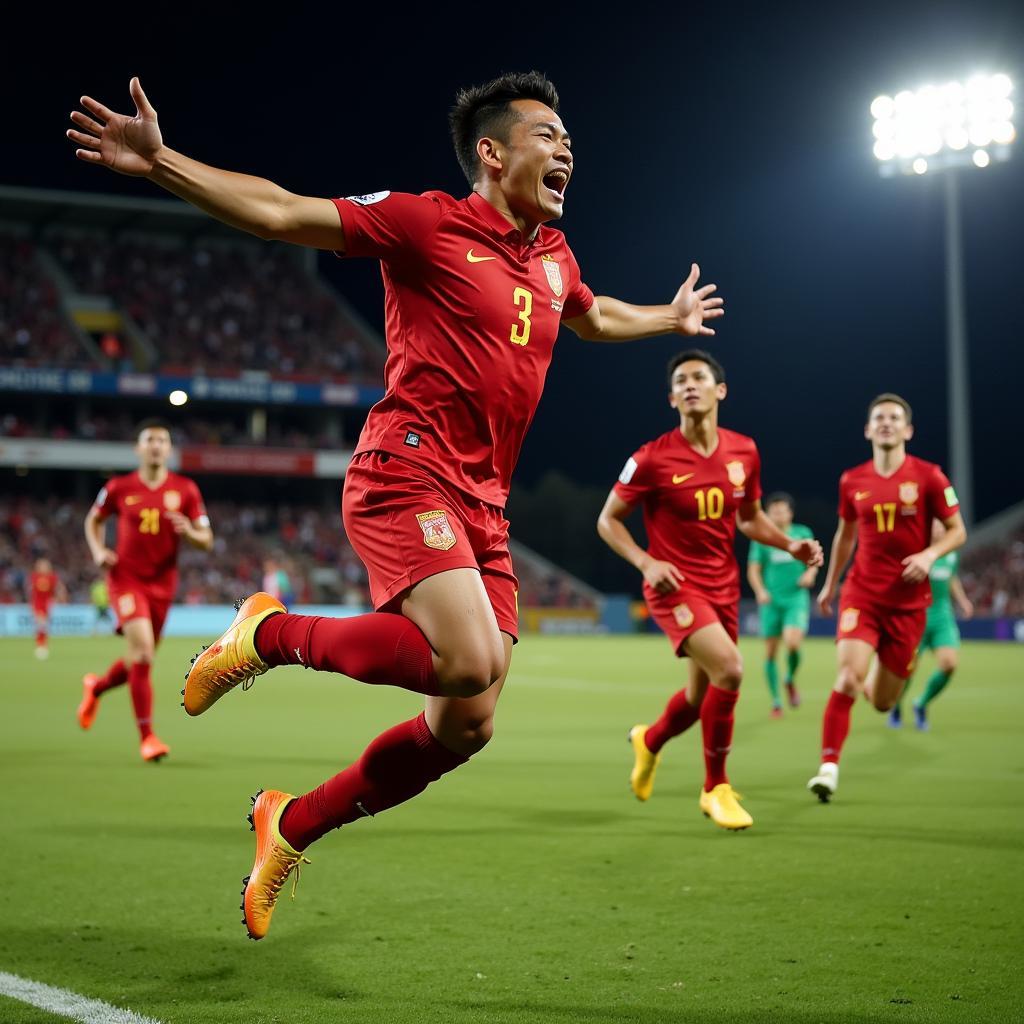 Tranh Hien celebrates scoring a crucial goal