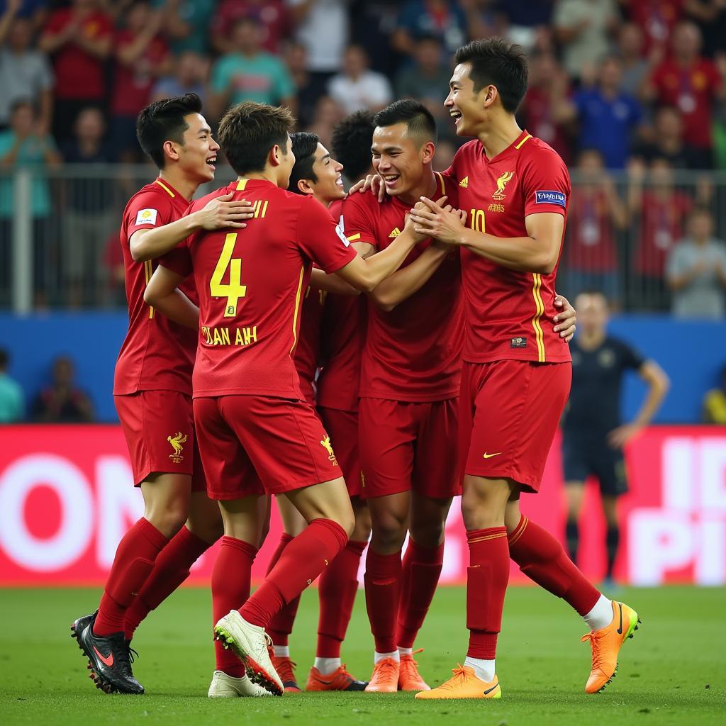 Tuan Anh celebrates a goal with his teammates, showcasing his dedication and passion for football.