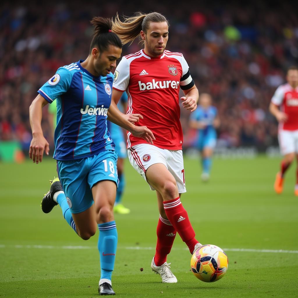 Two-footed soccer player evading a defender