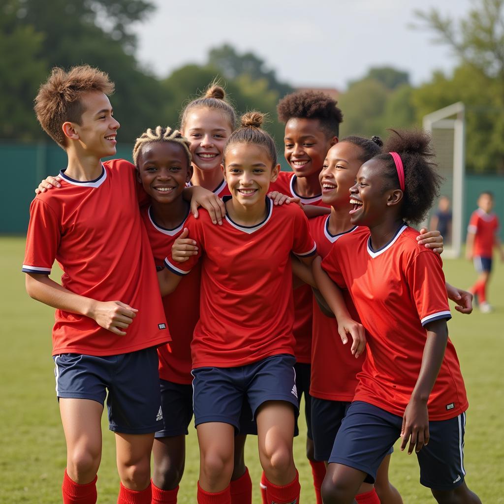 U22 striker celebrates a goal with teammates