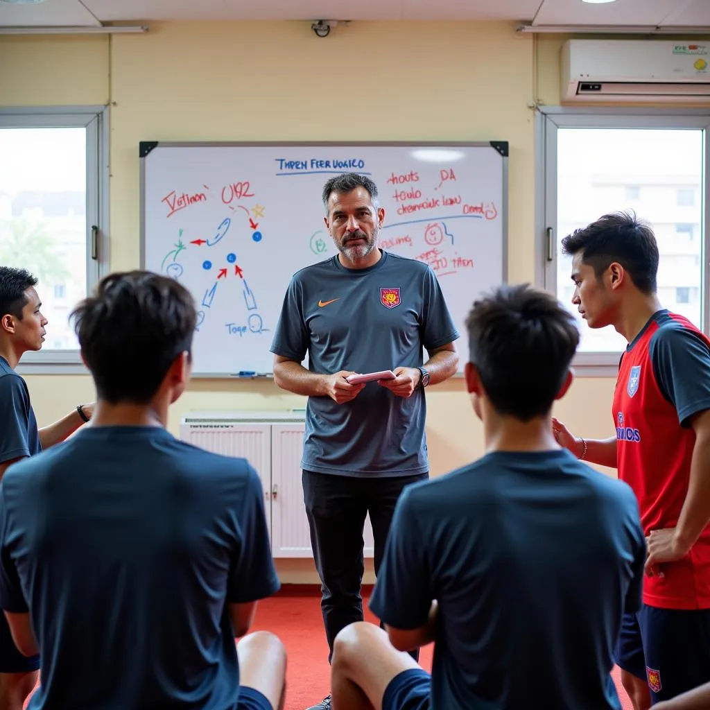 U22 Vietnam coach explaining tactics to players