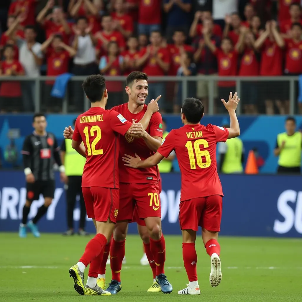 U22 Vietnam players celebrating a goal with fans