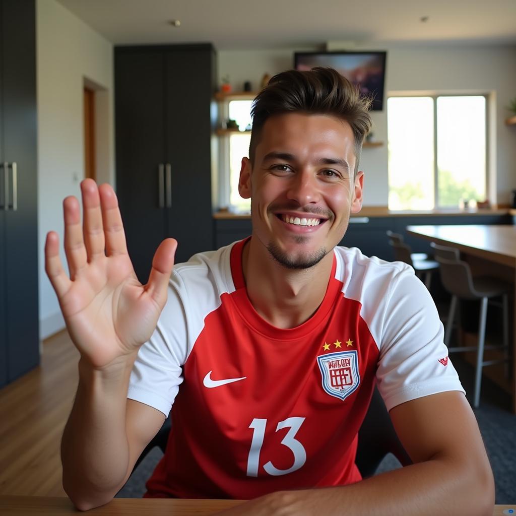 U23 football player smiling and waving during a video chat with a fan