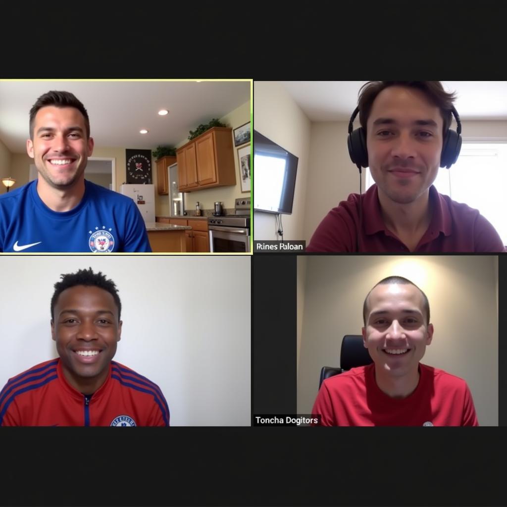 A diverse group of fans participate in a video chat with a U23 football player, everyone smiling and engaged.