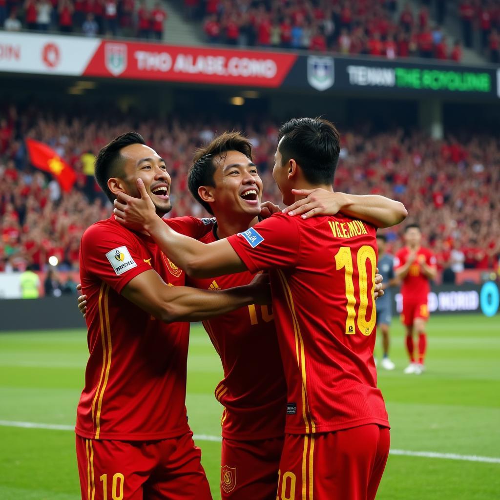 U23 Vietnam players celebrating a goal with jubilant fans in the background