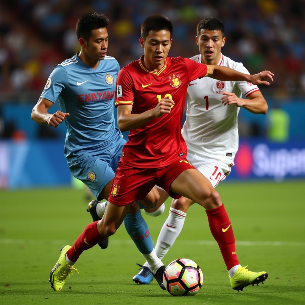 U23 Vietnam football player dribbling past opponent