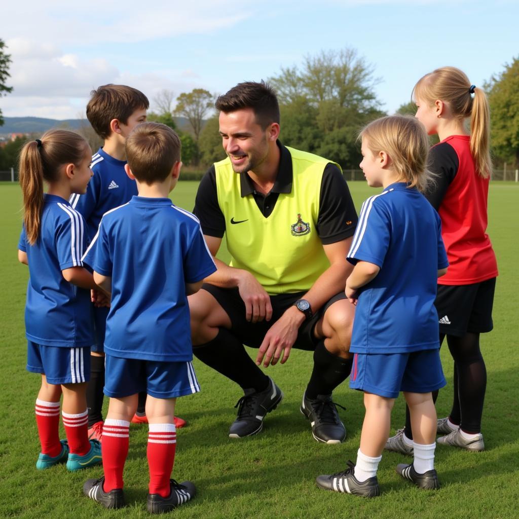 U6 Football Coach Interacting with Players