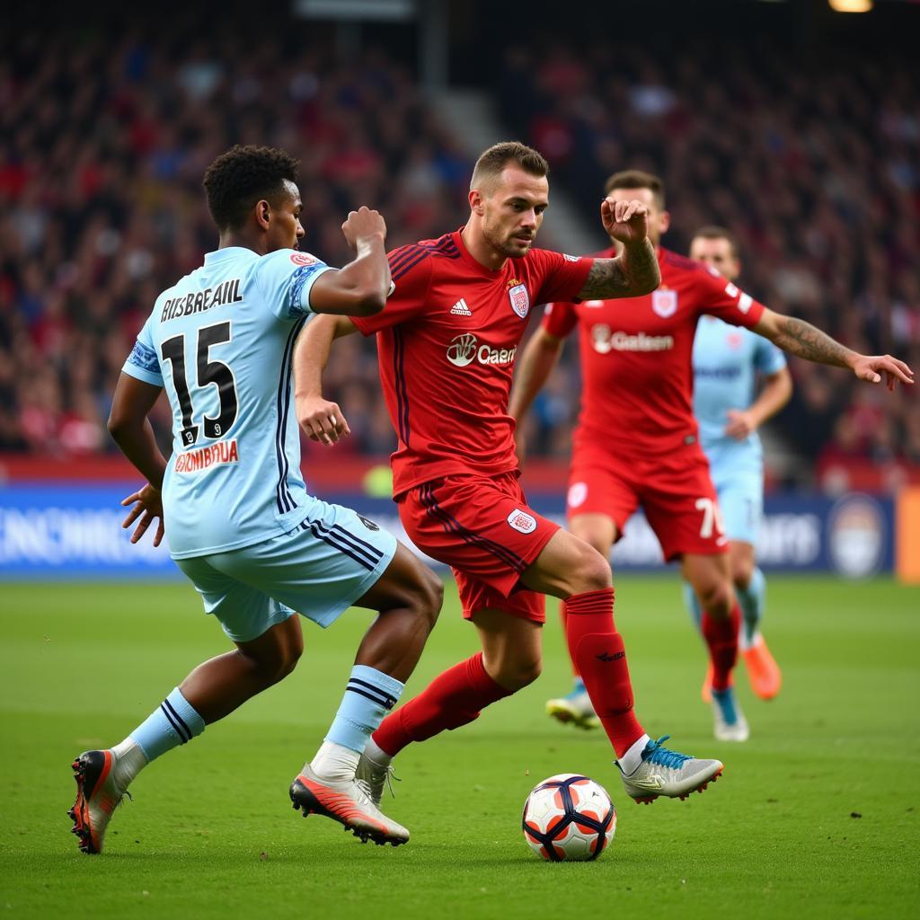 Union Berlin players battling for possession in a Bundesliga match