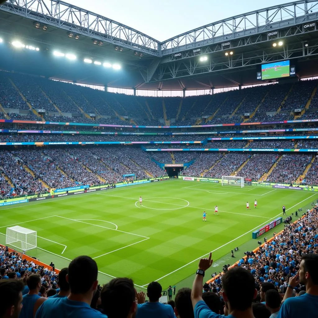 Uzbekistan national football team playing in a packed stadium