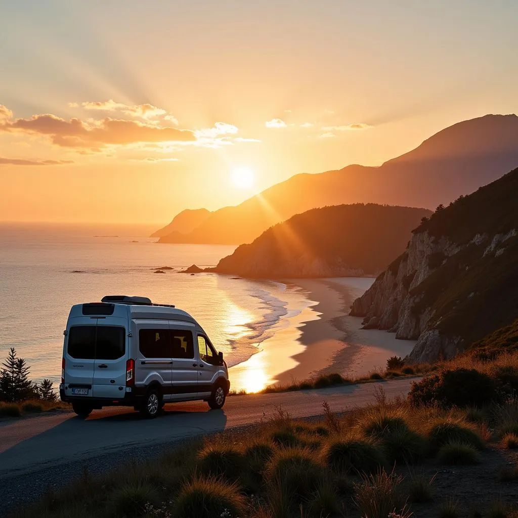 A van parked by the beach, offering a picturesque view of the ocean