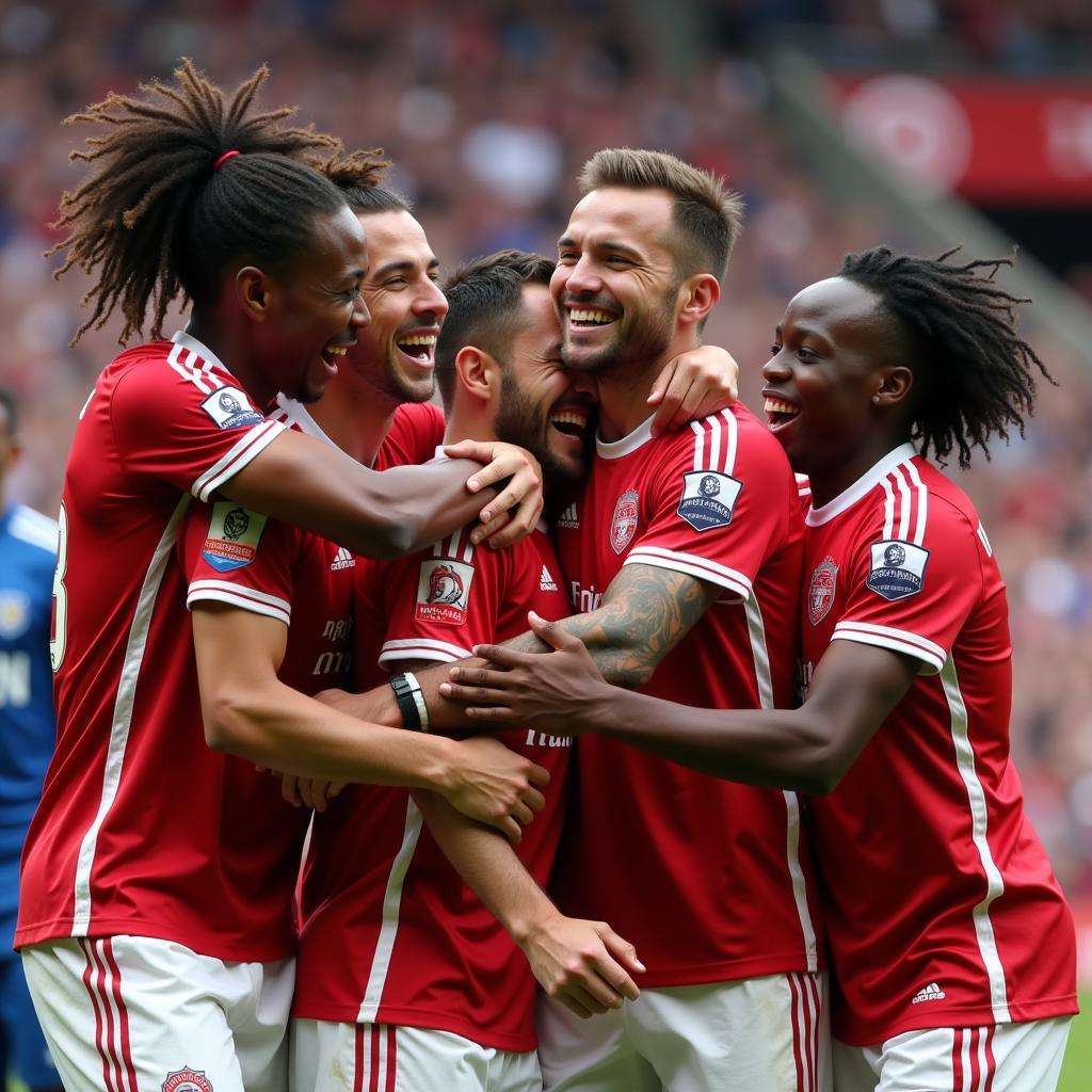 A footballer celebrates scoring a goal with his team