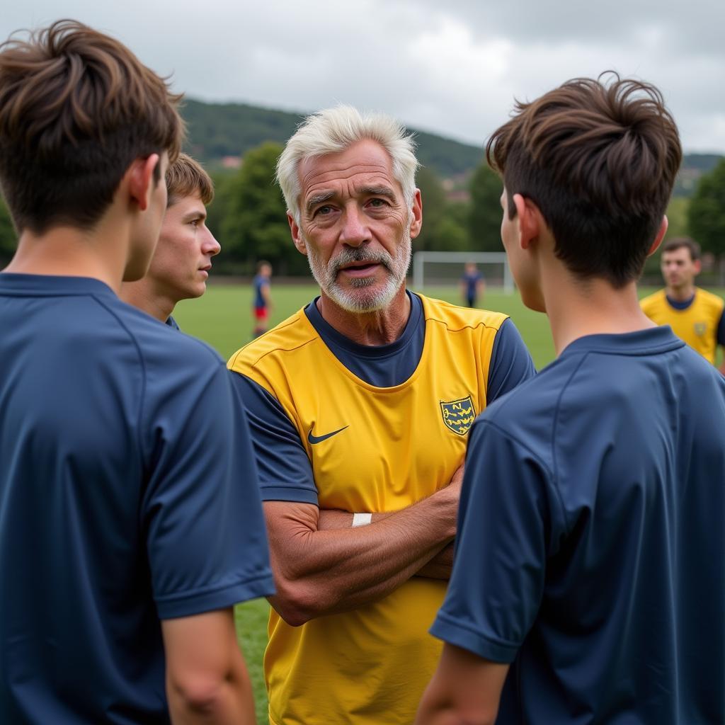 A veteran Sunday league player sharing his knowledge with younger teammates