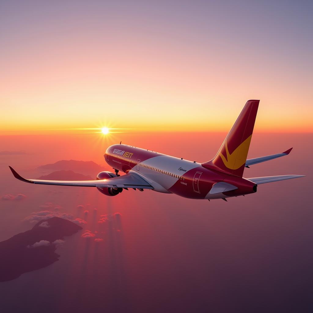 Vietjet airplane taking off into a vibrant sunset