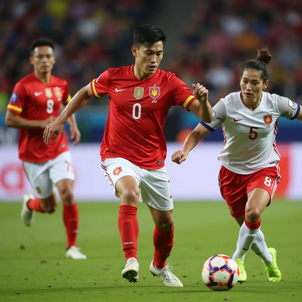 Vietnamese Forward Nguyễn Quang Hải Dribbling Past Defender