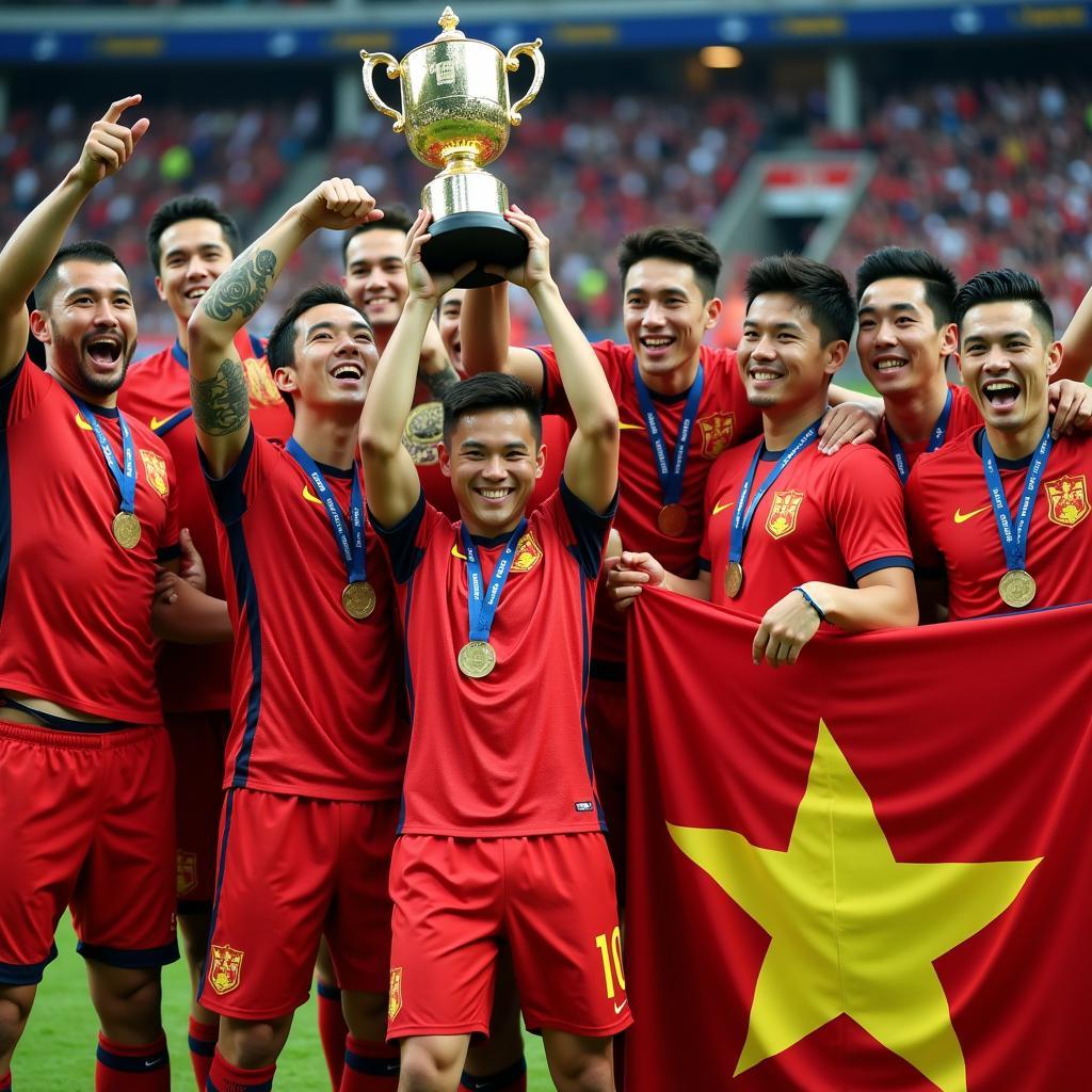 Vietnam national football team celebrating victory at SEA Games 30