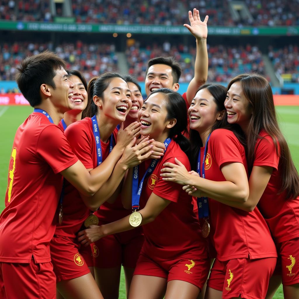 Vietnam U22 players hoisting the SEA Games trophy