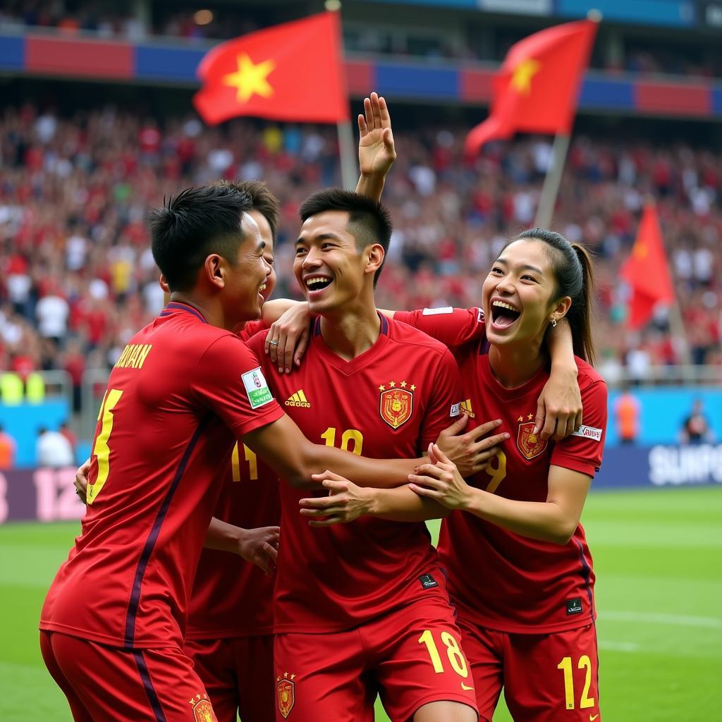 Vietnam U23 players celebrate a goal during the 2019 AFC U-23 Championship