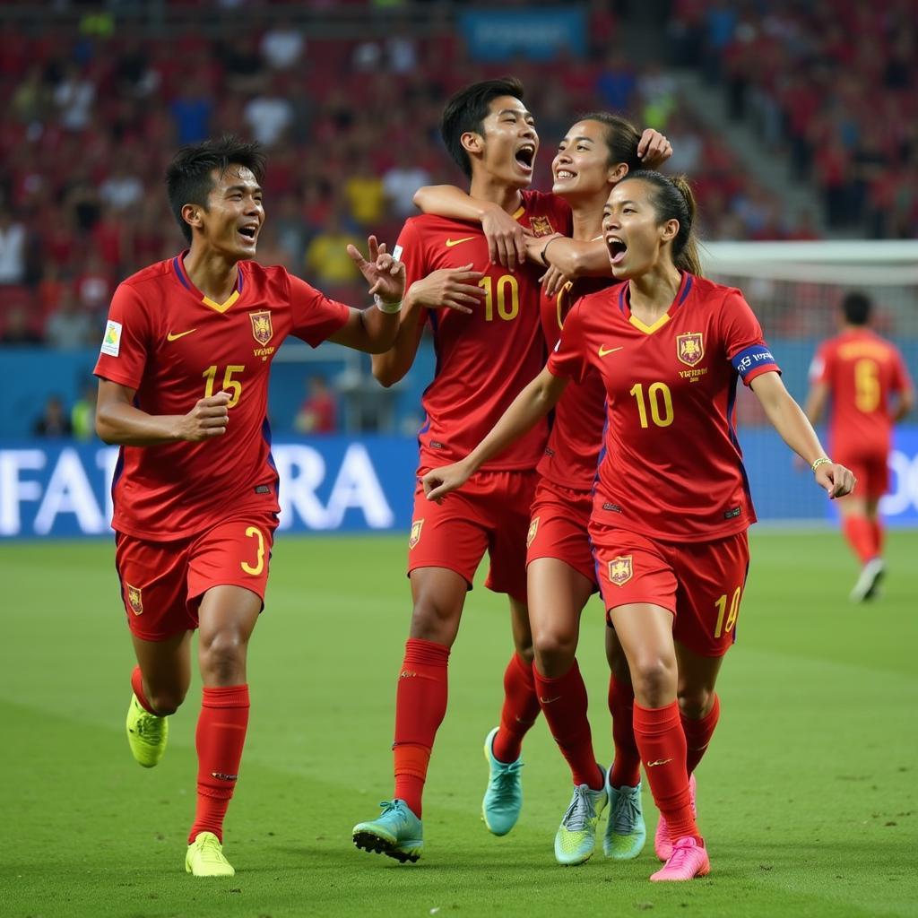 Vietnam U23 players celebrate a goal with ecstatic fans in the background.