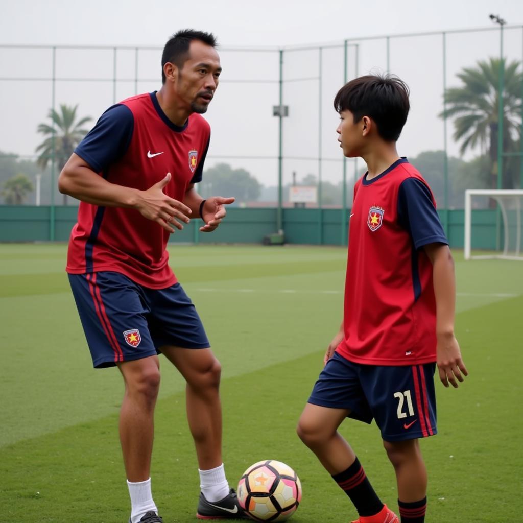 Vietnamese U23 coach providing guidance to a player