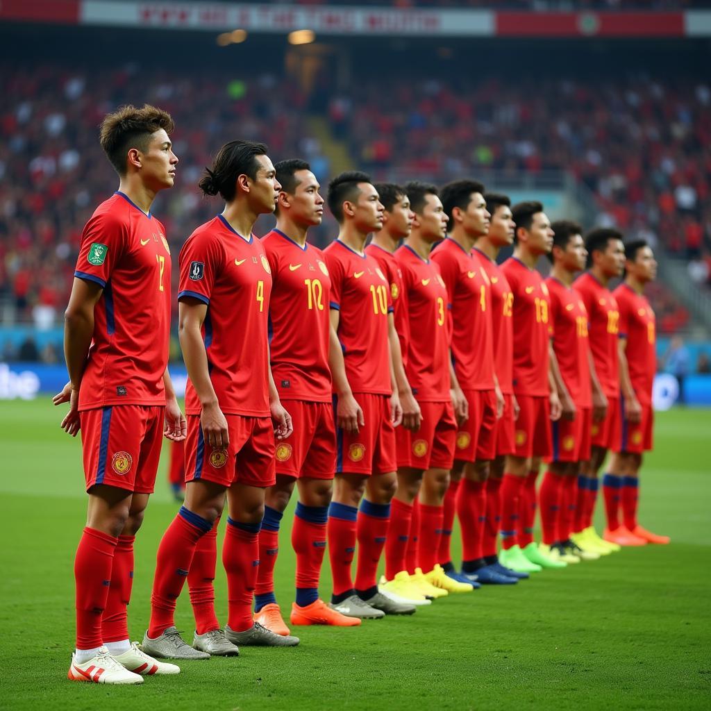 Vietnamese U23 football team lining up before a match.