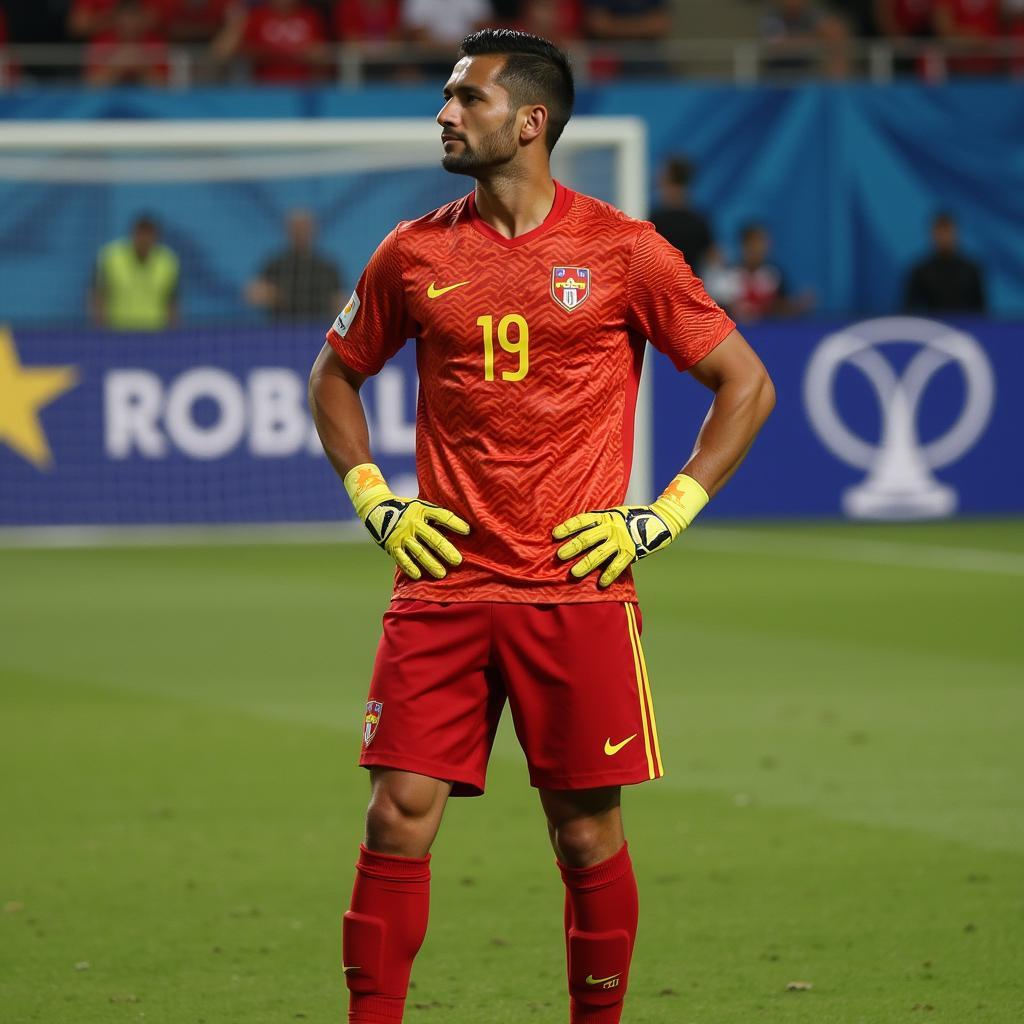 The Vietnam U23 goalkeeper prepares to make a save during the 2019 Asian Games.