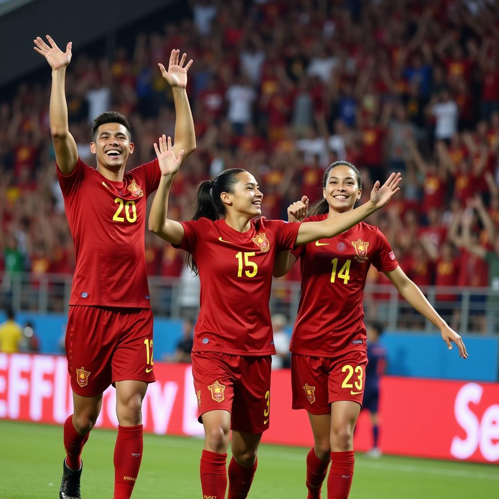 Vietnam U23 midfielders celebrating a goal