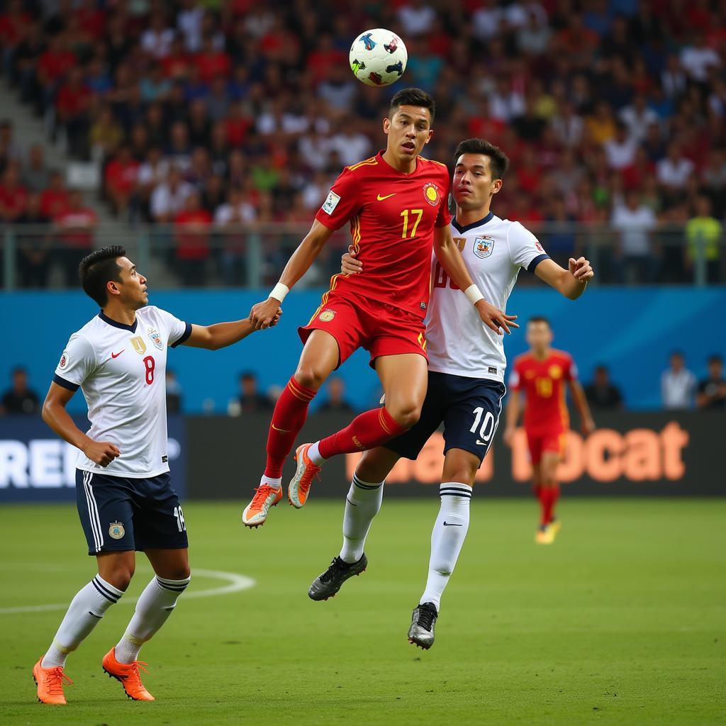  A Vietnamese U23 player competes for a header.