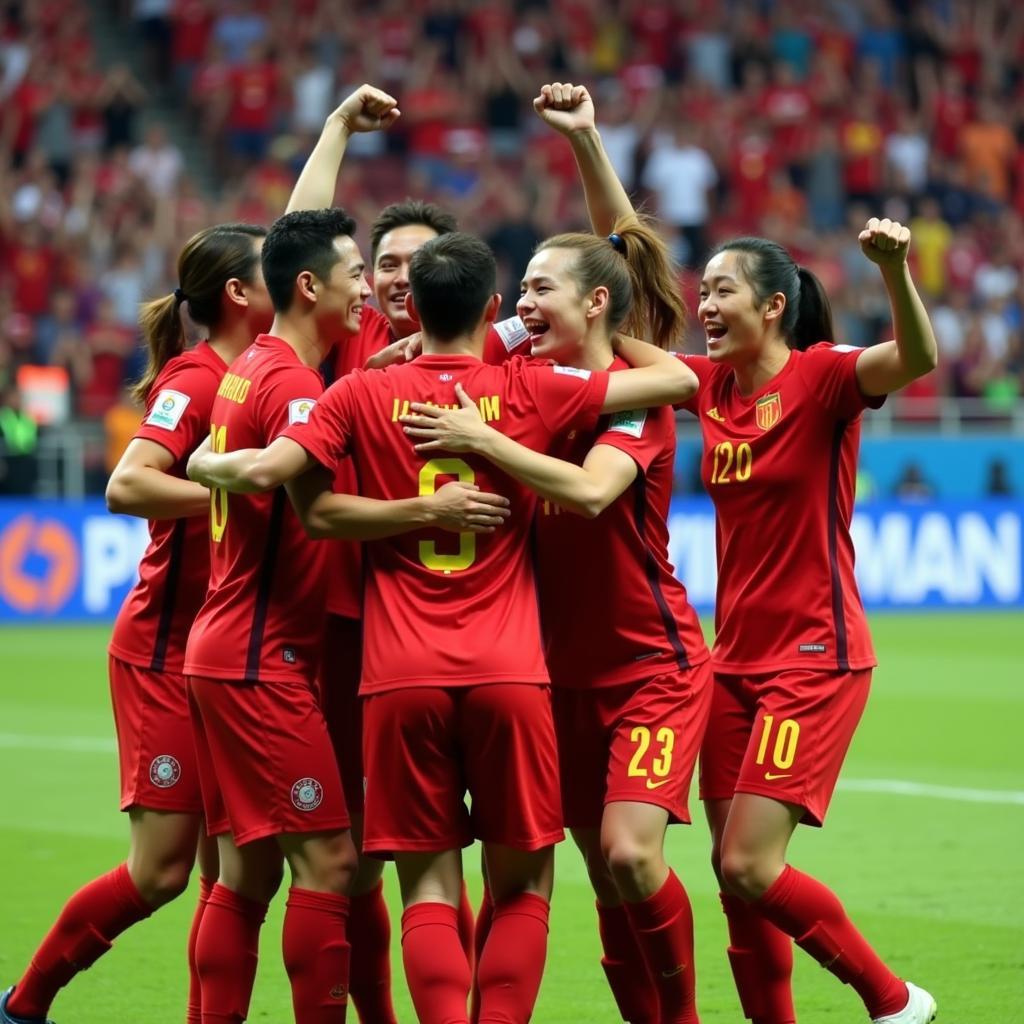 Vietnam U23 players celebrating a victory after a crucial match.