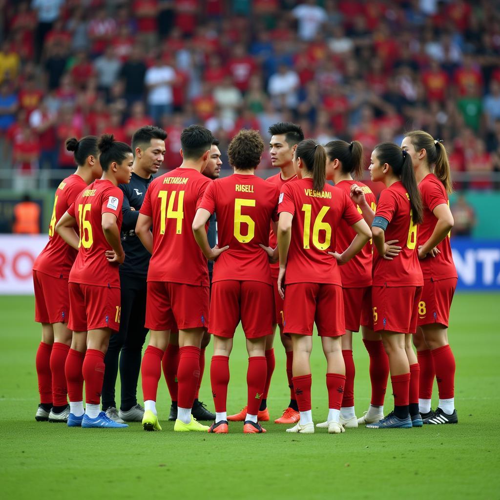 Vietnam U23 players strategizing on the field