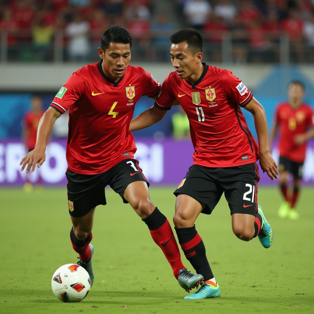 Vietnam and Indonesia players contesting the ball