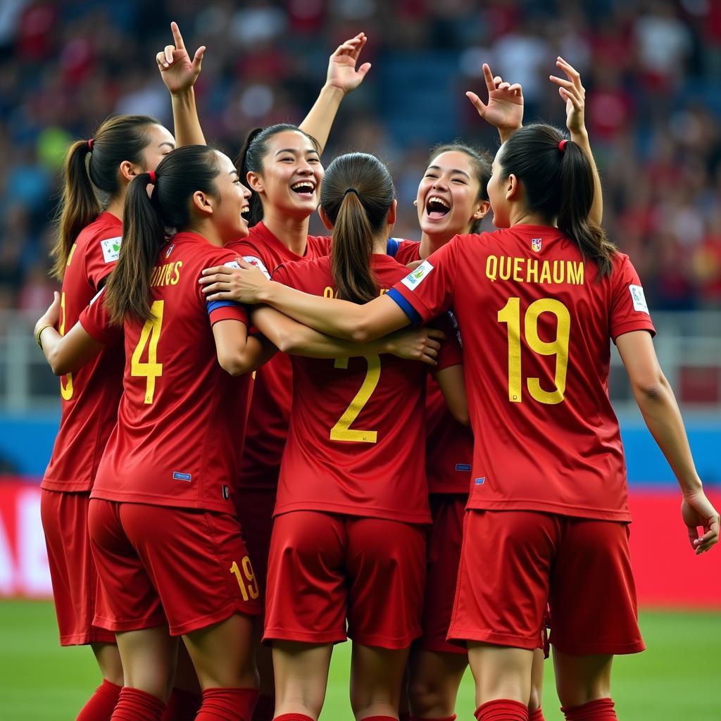 Vietnamese women's football team celebrating a goal