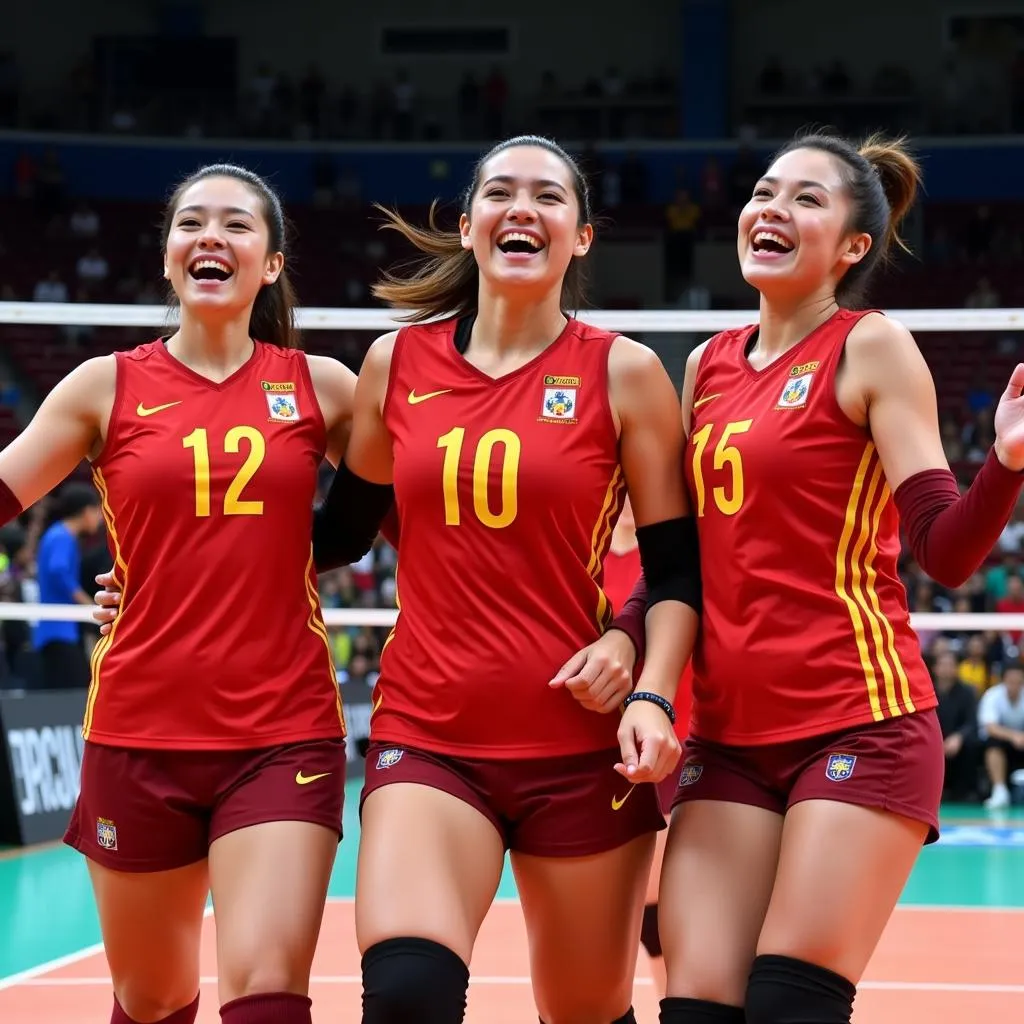 Vietnamese women's volleyball team celebrates a point