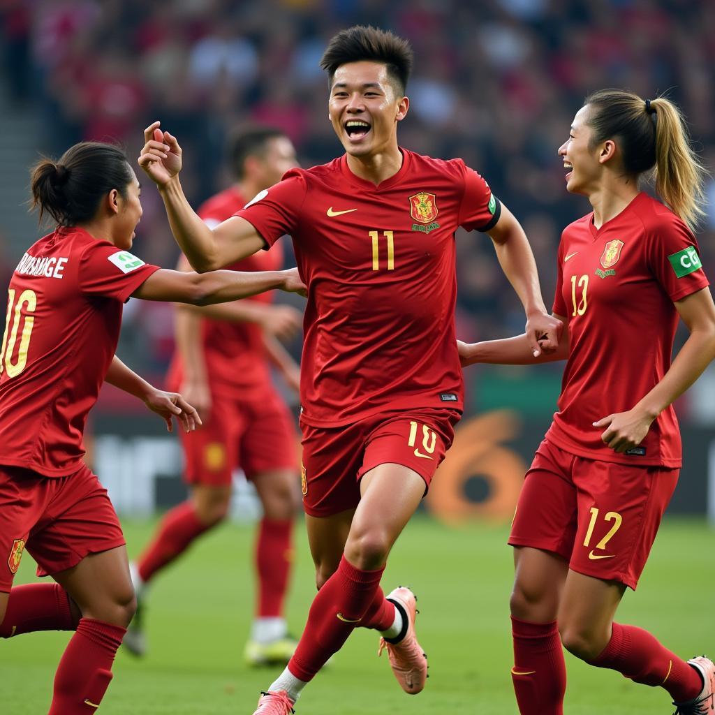 Vietnamese-American footballer celebrates a goal