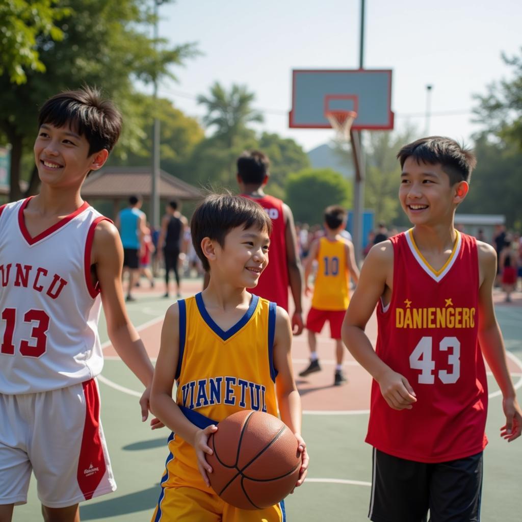 A group of young Vietnamese basketball players celebrating on an outdoor court