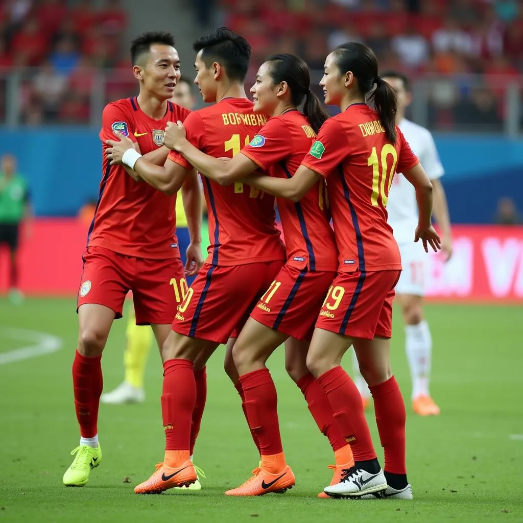 Vietnamese defenders during a match at the 2018 AFF Cup.