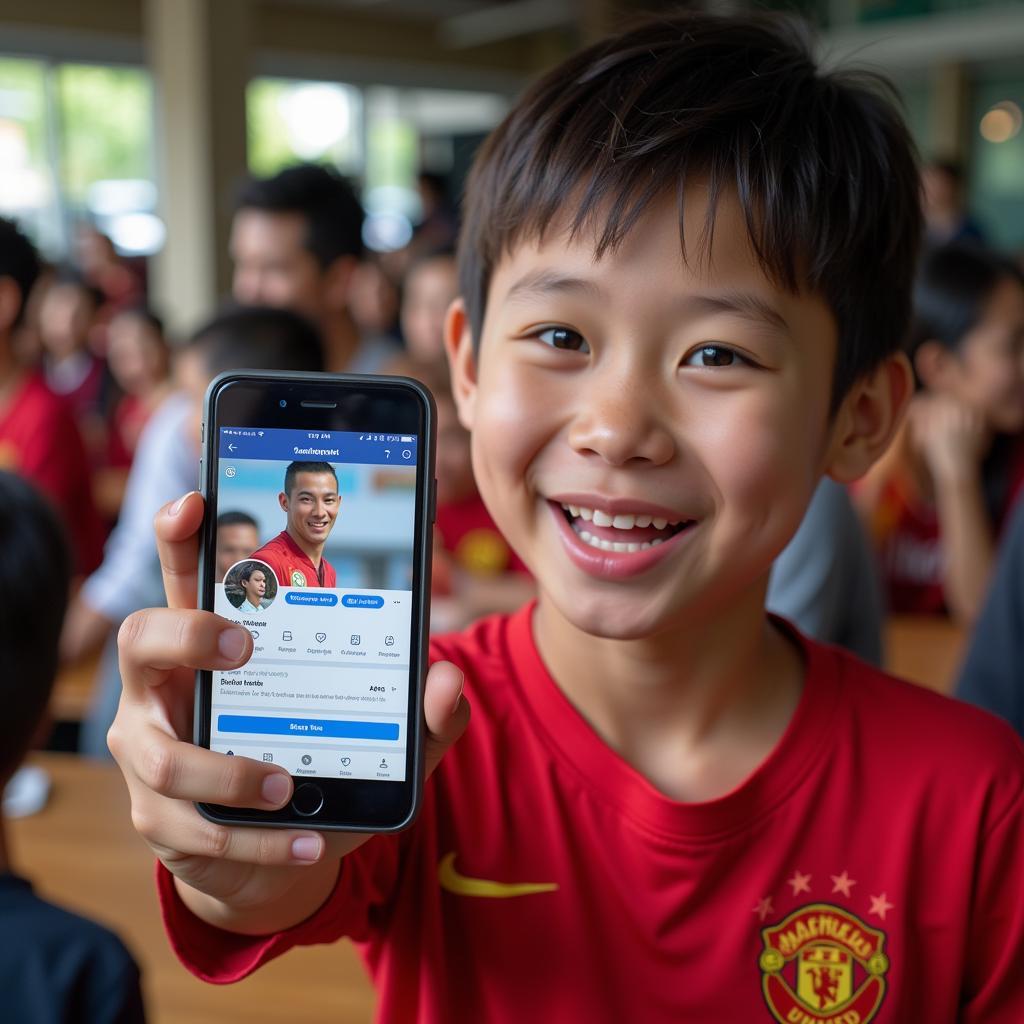 A Vietnamese football fan holding a smartphone, displaying a social media profile of a famous international football player.