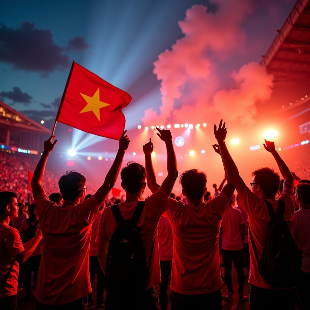 Vietnamese football fans erupt in celebration during a match.