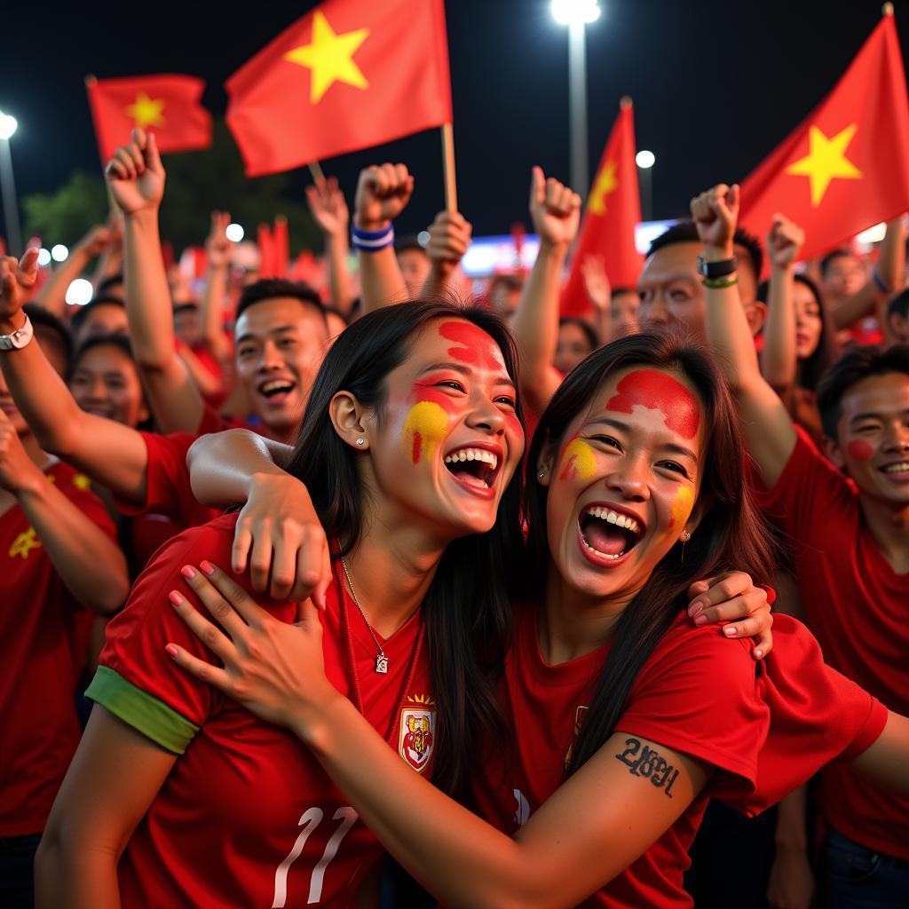 Euphoric Vietnamese football fans celebrating a victory with national flags