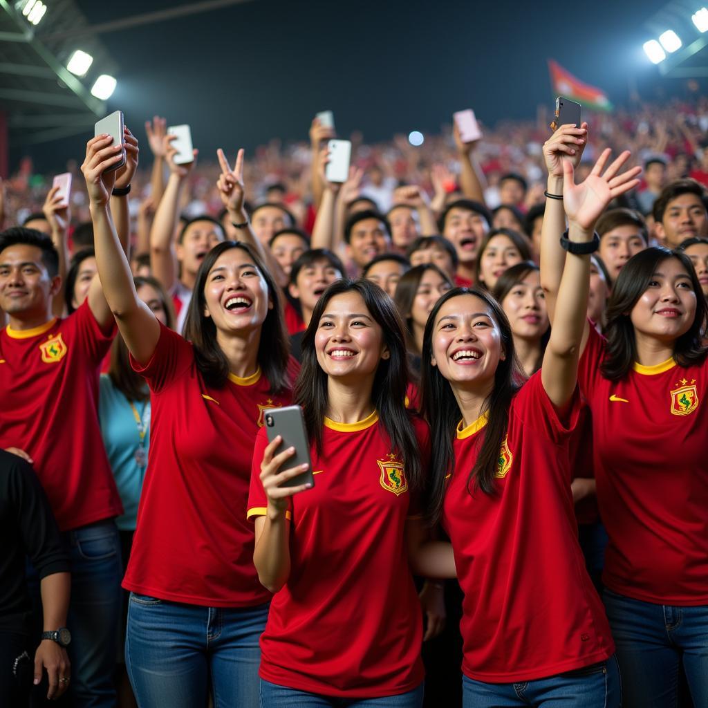 Vietnamese fans celebrating with phones in hand