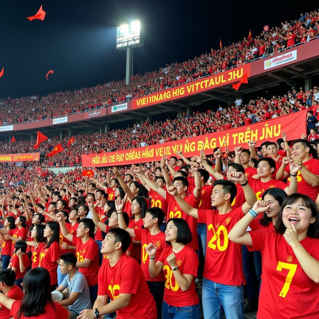 Vietnamese football fans gathering in a stadium, waving flags and cheering enthusiastically.