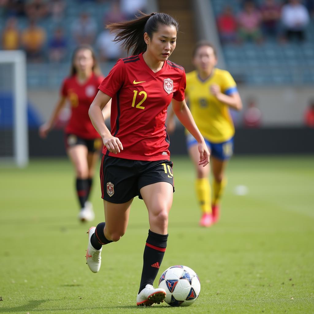 Vietnamese Female Footballer Dribbling Skillfully