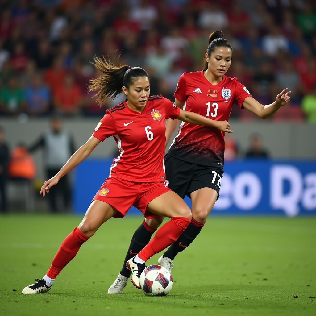 A Vietnamese Female Footballer in Action During a Match