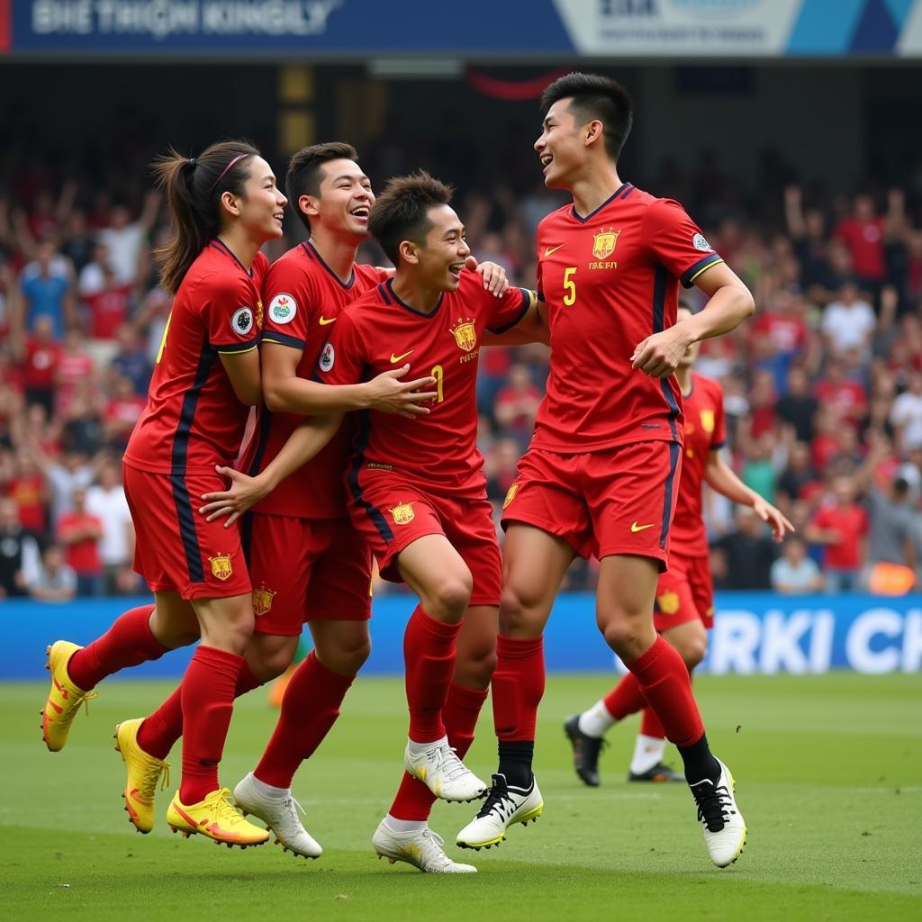 Vietnamese footballers celebrating a goal