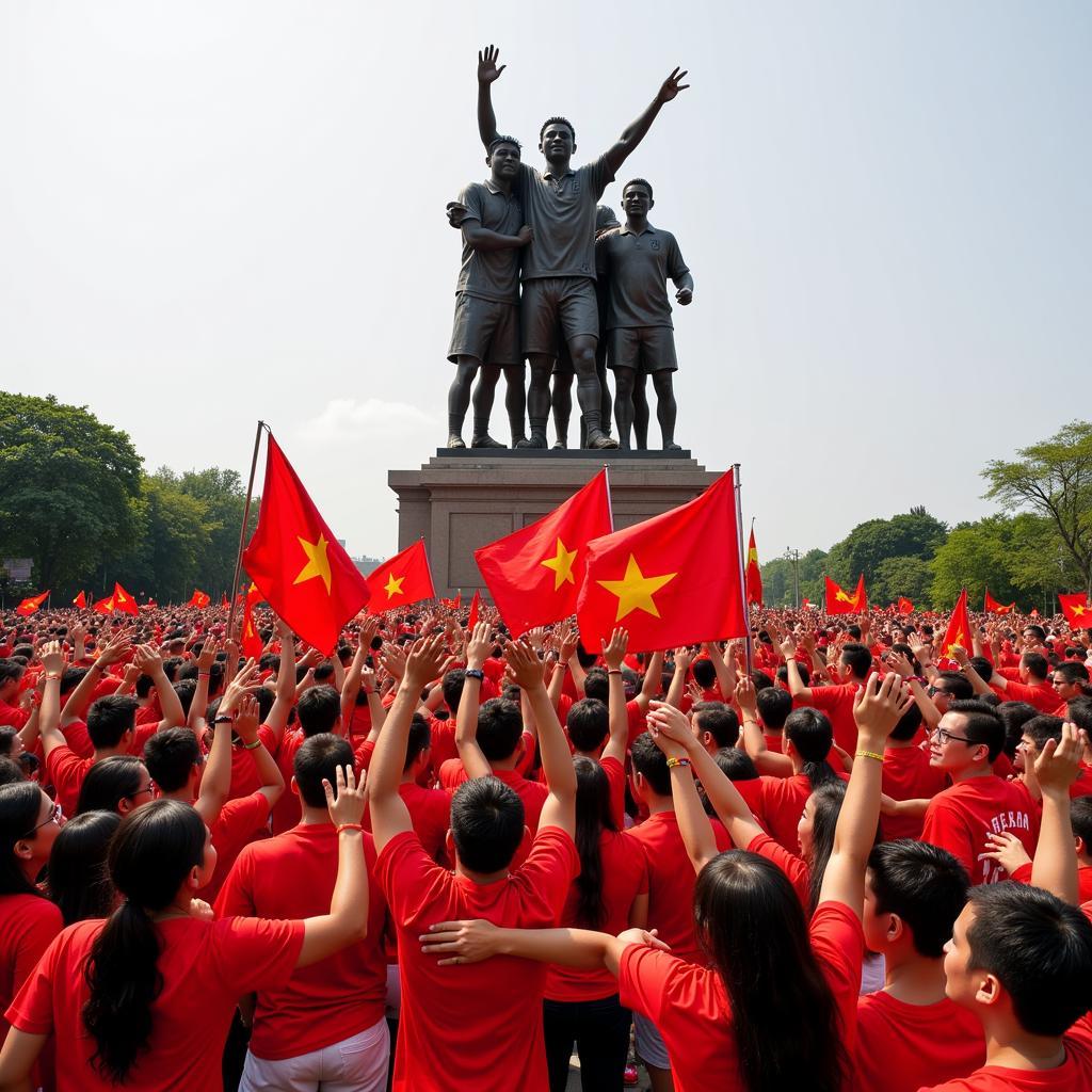 Vietnamese football fans celebrating with the national team statue