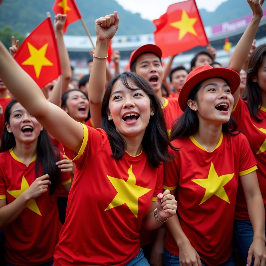 Vietnamese football fans enthusiastically supporting their team.